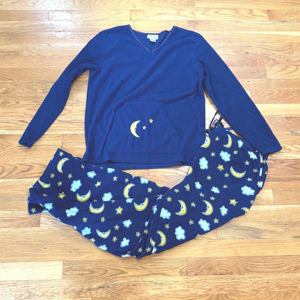 Tesoro Navy Blue Fleece Pajama Set Moon Stars Celestial V-Neck Medium